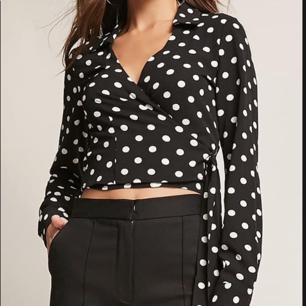 Polka Dot Front Tie Cropped Blouse